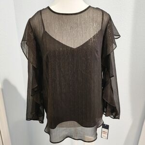 Rachel Roy Gold Foil Sheer Flutter Sleeve Blouse WhimsyGoth Romantic Size 2